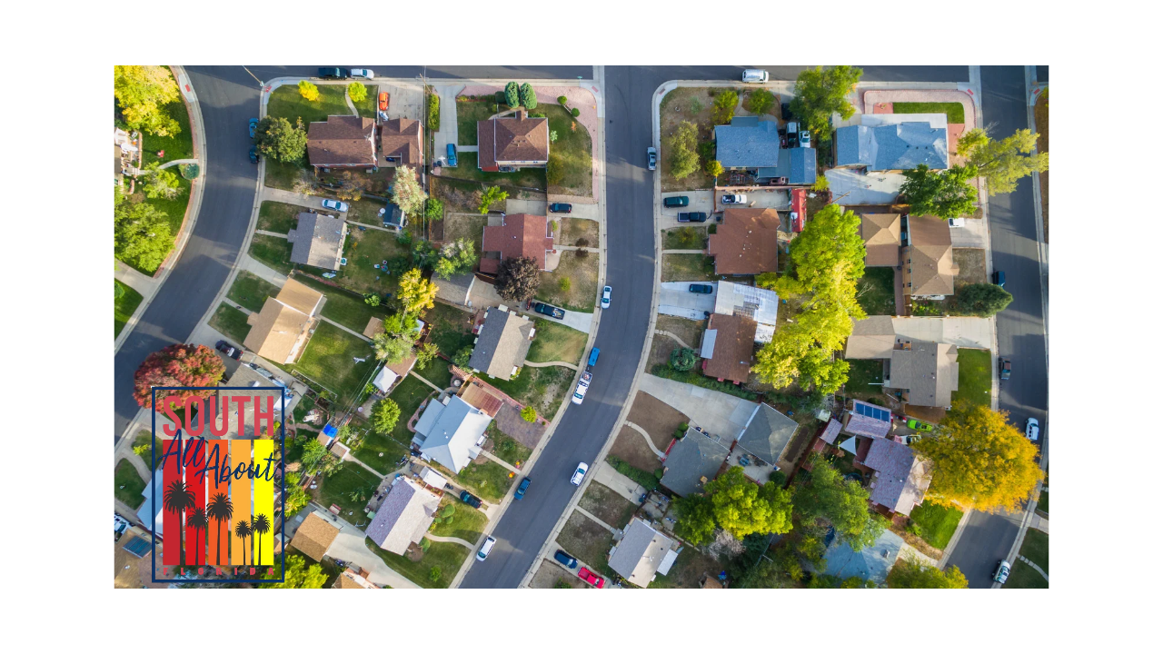 Aerial view of a family-friendly South Florida suburban neighborhood with tree-lined streets and houses.